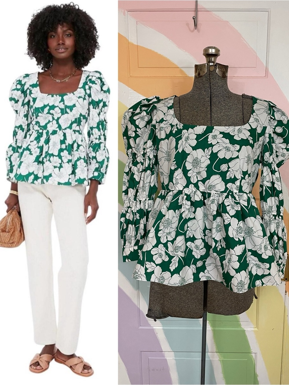 Tuckernuck Hyacinth House Green Floral Clemons Cotton Peplum Top Sz M 💛🎀